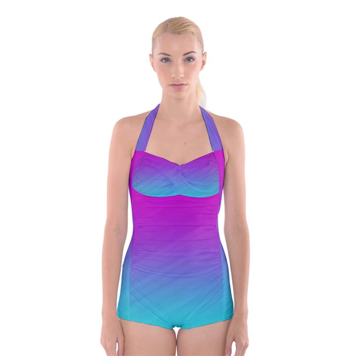 Background-pink-blue-gradient Boyleg Halter Swimsuit 