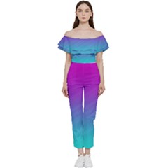 Background-pink-blue-gradient Bardot Ruffle jumpsuit