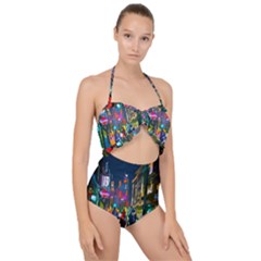 Abstract-vibrant-colour-cityscape Scallop Top Cut Out Swimsuit