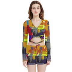 Abstract-vibrant-colour Velvet Wrap Crop Top And Shorts Set by Ket1n9