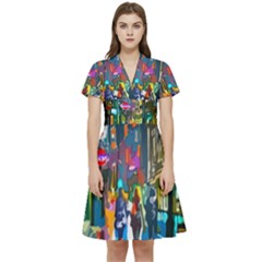 Abstract-vibrant-colour-cityscape Short Sleeve Waist Detail Dress by Ket1n9