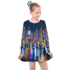 Abstract-vibrant-colour-cityscape Kids  Long Sleeve Dress by Ket1n9