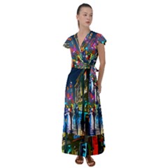 Abstract-vibrant-colour-cityscape Flutter Sleeve Maxi Dress by Ket1n9