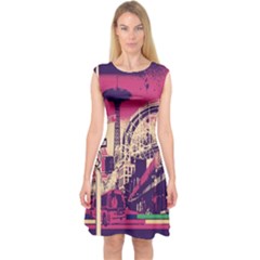 Pink City Retro Vintage Futurism Art Capsleeve Midi Dress