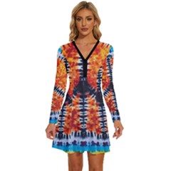 Tie Dye Peace Sign Long Sleeve Deep V Mini Dress  by Ket1n9