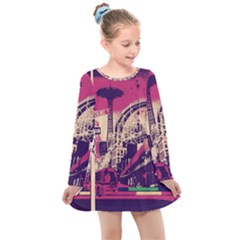 Pink City Retro Vintage Futurism Art Kids  Long Sleeve Dress