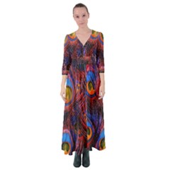 Pretty Peacock Feather Button Up Maxi Dress by Ket1n9