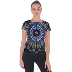 Stained Glass Rose Window In France s Strasbourg Cathedral Short Sleeve Sports Top  by Ket1n9