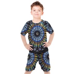 Stained Glass Rose Window In France s Strasbourg Cathedral Kids  T-shirt And Shorts Set by Ket1n9