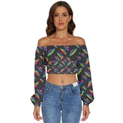 Alien Patterns Vector Graphic Long Sleeve Crinkled Weave Crop Top