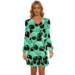 Art Alien Pattern Long Sleeve Waist Tie Ruffle Velvet Dress by Ket1n9