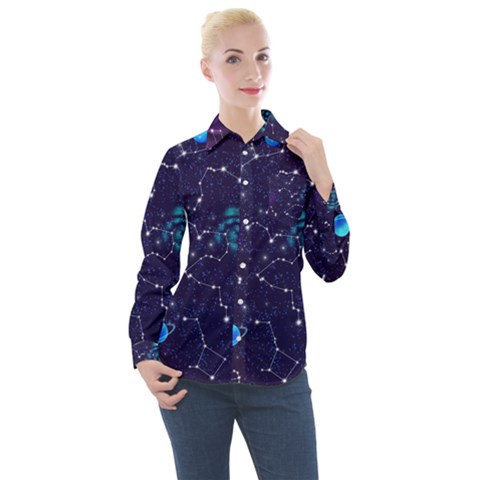 Realistic-night-sky-poster-with-constellations Women s Long Sleeve Pocket Shirt by Ket1n9