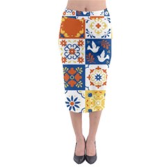Mexican-talavera-pattern-ceramic-tiles-with-flower-leaves-bird-ornaments-traditional-majolica-style- Midi Pencil Skirt by Ket1n9
