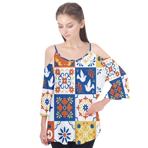 Mexican-talavera-pattern-ceramic-tiles-with-flower-leaves-bird-ornaments-traditional-majolica-style- Flutter Sleeve T-shirt  by Ket1n9