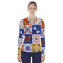 Mexican-talavera-pattern-ceramic-tiles-with-flower-leaves-bird-ornaments-traditional-majolica-style- V-neck Long Sleeve Top by Ket1n9