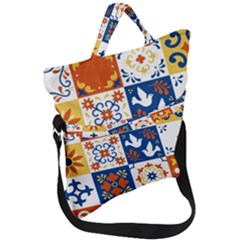 Mexican-talavera-pattern-ceramic-tiles-with-flower-leaves-bird-ornaments-traditional-majolica-style- Fold Over Handle Tote Bag by Ket1n9