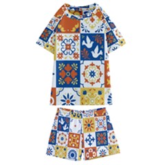 Mexican-talavera-pattern-ceramic-tiles-with-flower-leaves-bird-ornaments-traditional-majolica-style- Kids  Swim T-shirt And Shorts Set by Ket1n9