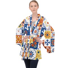 Mexican-talavera-pattern-ceramic-tiles-with-flower-leaves-bird-ornaments-traditional-majolica-style- Long Sleeve Velvet Kimono  by Ket1n9