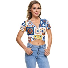 Mexican-talavera-pattern-ceramic-tiles-with-flower-leaves-bird-ornaments-traditional-majolica-style- Short Sleeve Foldover T-shirt by Ket1n9