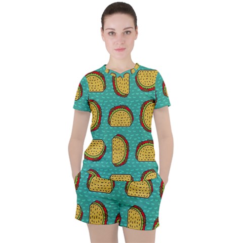 Taco-drawing-background-mexican-fast-food-pattern Women s T-shirt And Shorts Set by Ket1n9