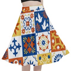Mexican-talavera-pattern-ceramic-tiles-with-flower-leaves-bird-ornaments-traditional-majolica-style- A-line Full Circle Midi Skirt With Pocket by Ket1n9