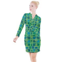 Green-abstract-geometric Button Long Sleeve Dress by Ket1n9