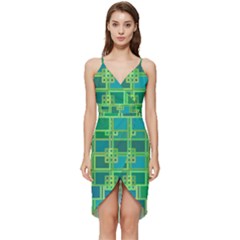 Green-abstract-geometric Wrap Frill Dress