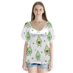 Cute-seamless-pattern-with-avocado-lovers V-neck Flutter Sleeve Top