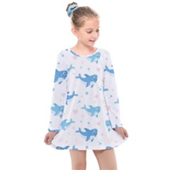 Seamless-pattern-with-cute-sharks-hearts Kids  Long Sleeve Dress