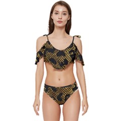 Metallic Snake Skin Pattern Ruffle Edge Tie Up Bikini Set	