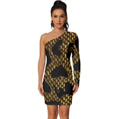 Metallic Snake Skin Pattern Long Sleeve One Shoulder Mini Dress