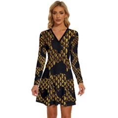 Metallic Snake Skin Pattern Long Sleeve Deep V Mini Dress 