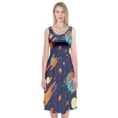 Space Galaxy Planet Universe Stars Night Fantasy Midi Sleeveless Dress by Ket1n9