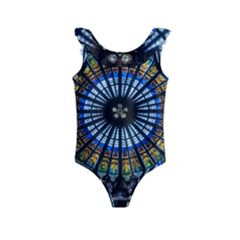 Stained Glass Rose Window In France s Strasbourg Cathedral Kids  Frill Swimsuit by Ket1n9