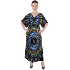 Stained Glass Rose Window In France s Strasbourg Cathedral V-neck Boho Style Maxi Dress by Ket1n9