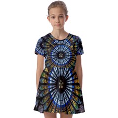 Stained Glass Rose Window In France s Strasbourg Cathedral Kids  Short Sleeve Pinafore Style Dress by Ket1n9