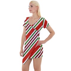 Christmas-color-stripes Short Sleeve Asymmetric Mini Dress