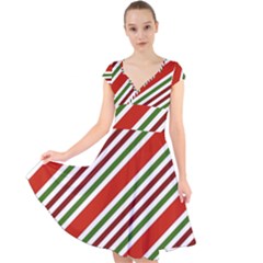 Christmas-color-stripes Cap Sleeve Front Wrap Midi Dress