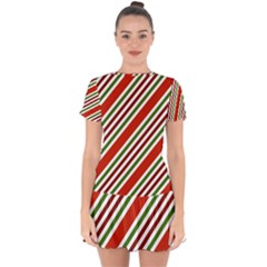 Christmas-color-stripes Drop Hem Mini Chiffon Dress