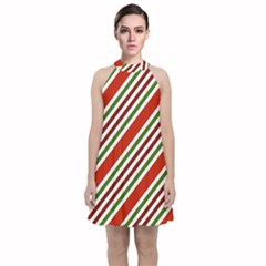 Christmas-color-stripes Velvet Halter Neckline Dress 