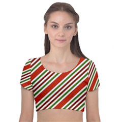 Christmas-color-stripes Velvet Short Sleeve Crop Top 