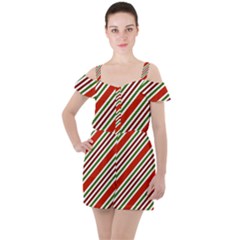 Christmas-color-stripes Ruffle Cut Out Chiffon Playsuit