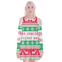 Merry Christmas Ya Filthy Animal Velvet Long Sleeve Shoulder Cutout Dress
