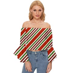 Christmas-color-stripes Off Shoulder Flutter Bell Sleeve Top