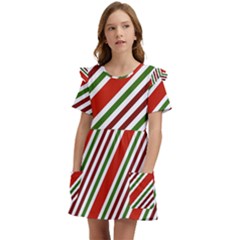 Christmas-color-stripes Kids  Frilly Sleeves Pocket Dress