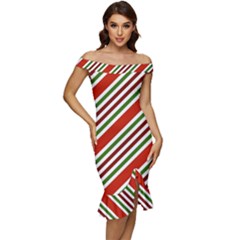 Christmas-color-stripes Off Shoulder Ruffle Split Hem Bodycon Dress