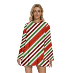 Christmas-color-stripes Round Neck Long Sleeve Bohemian Style Chiffon Mini Dress