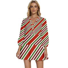 Christmas-color-stripes V-Neck Placket Mini Dress