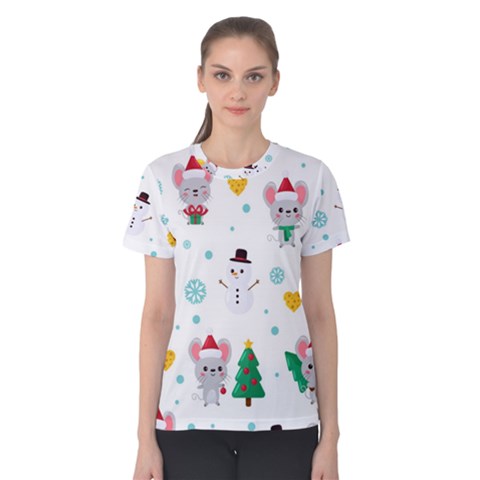 Christmas-seamless-pattern-with-cute-kawaii-mouse Women s Cotton T-shirt by Grandong