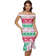 Merry Christmas Ya Filthy Animal Off Shoulder Ruffle Split Hem Bodycon Dress